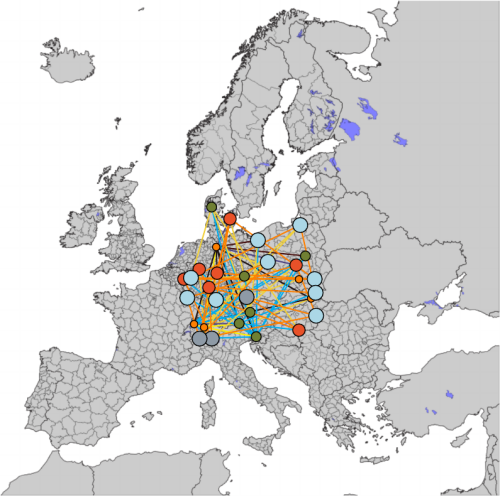 An economic network overlaid on a geographical map